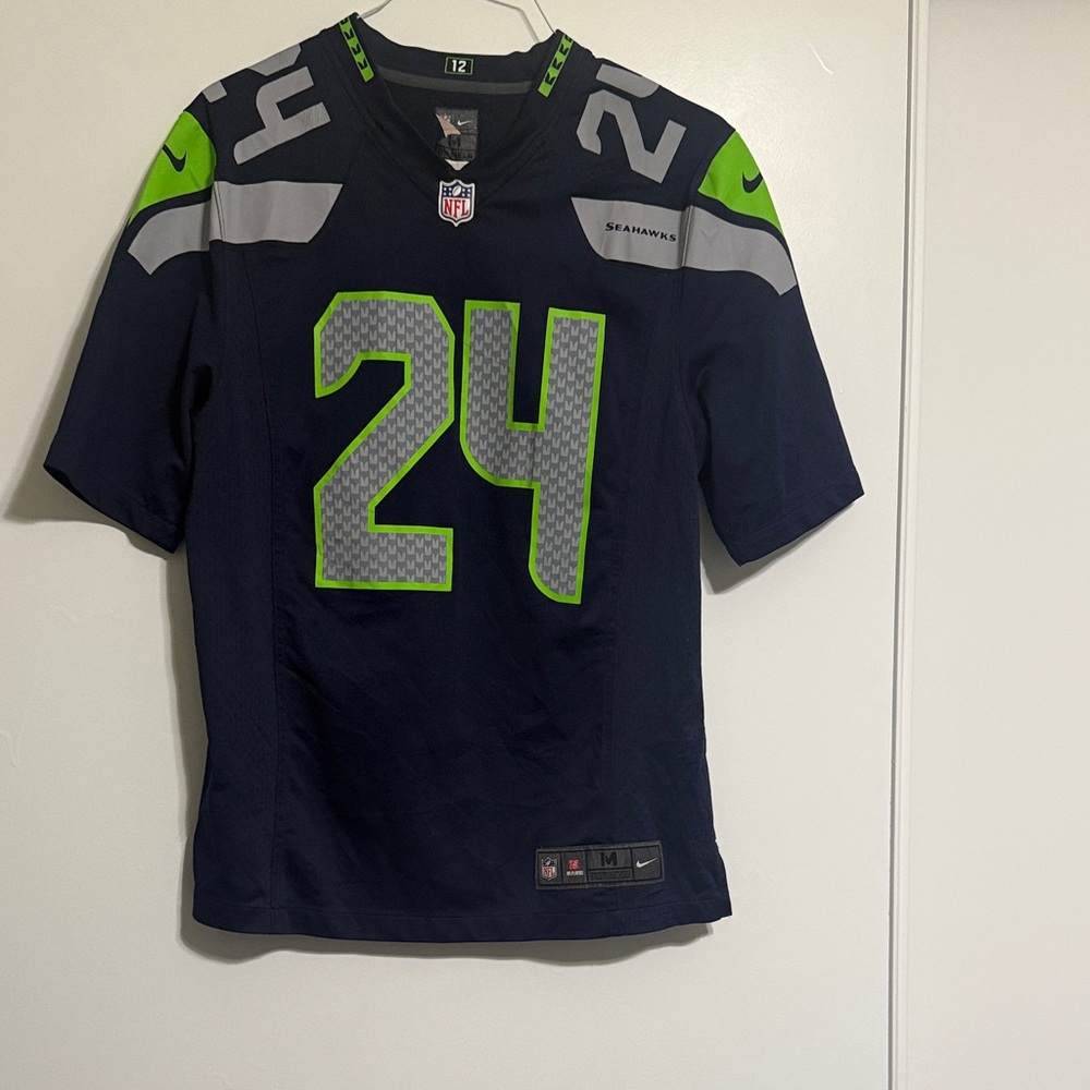 Marshawn Lynch Nike Navy and Neon Green Jersey with Number 24